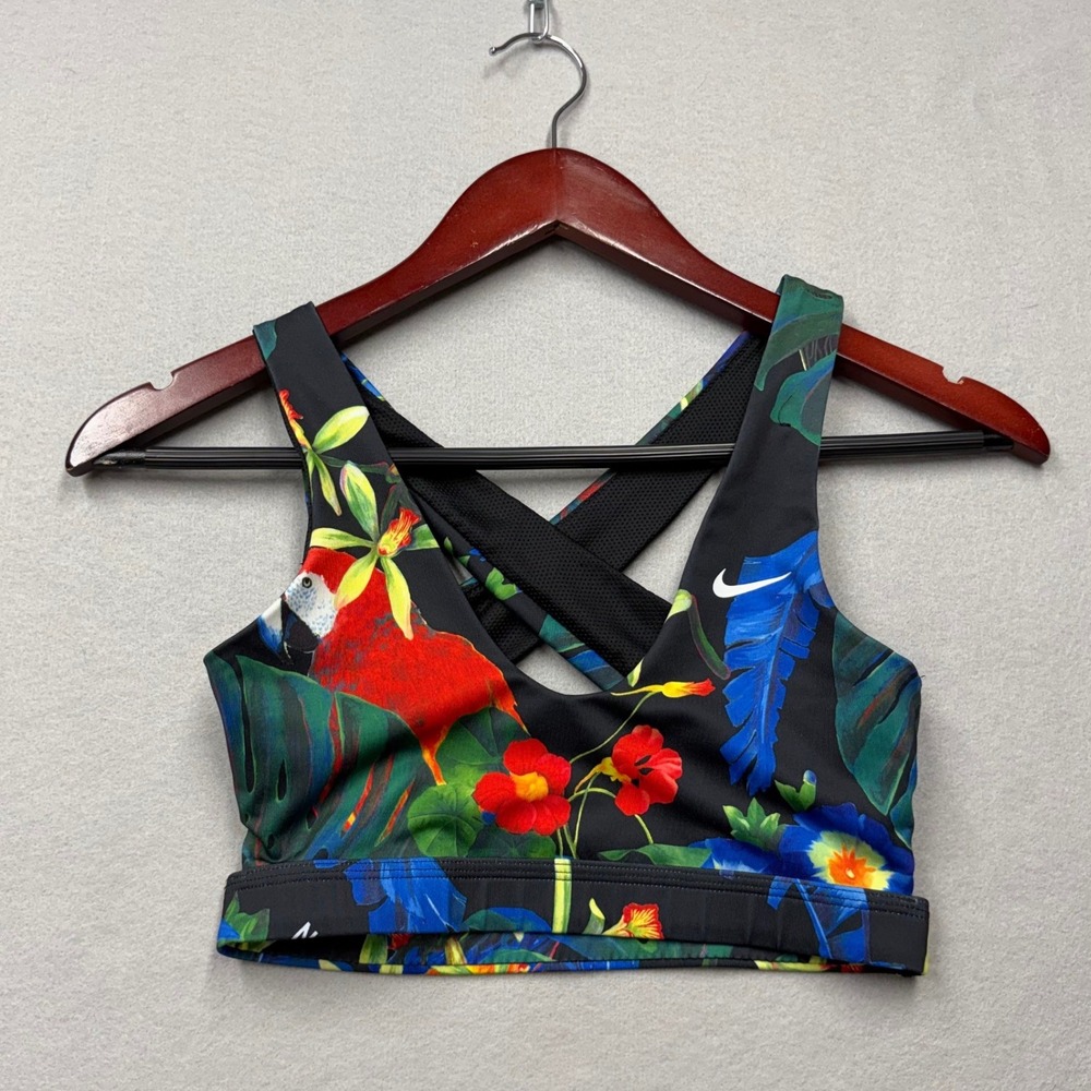 Nike Sports Bra Women Small Black Tropical Parrot Floral Dri-FIT Crossback